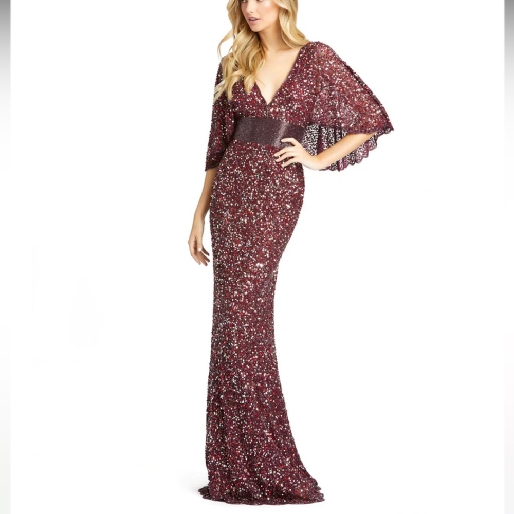 Mac Duggal Embellished Sequined Plunge Scalloped V-Neck Cape Gown Wine - Reemoly